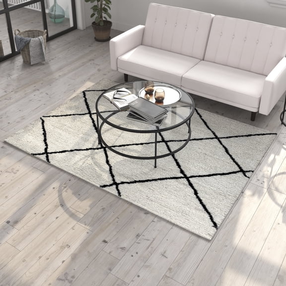 HBCY Creations Trellis Pattern Area Rug - Ivory Shag Background with Gray Trellis Pattern - 5' x 7' - Ultra-Soft Micro Polyester Fibers