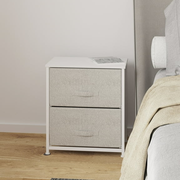 HBCY Creations Vertical Storage Dresser - Wood Top - White Metal Frame - Two Gray Easy Pull Fabric Drawers - Assembles in 10 Minutes or Less