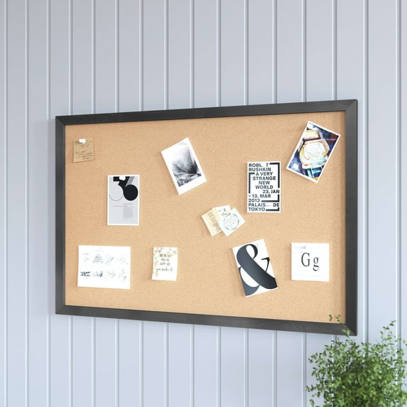 HBCY Creations Wall Mount Black Cork Board - 24"W x 36"H - 6 Wooden Push Pins - Solid Pine Wood Frame - For Kitchen, Classrooms, Restaurant Menus and More!
