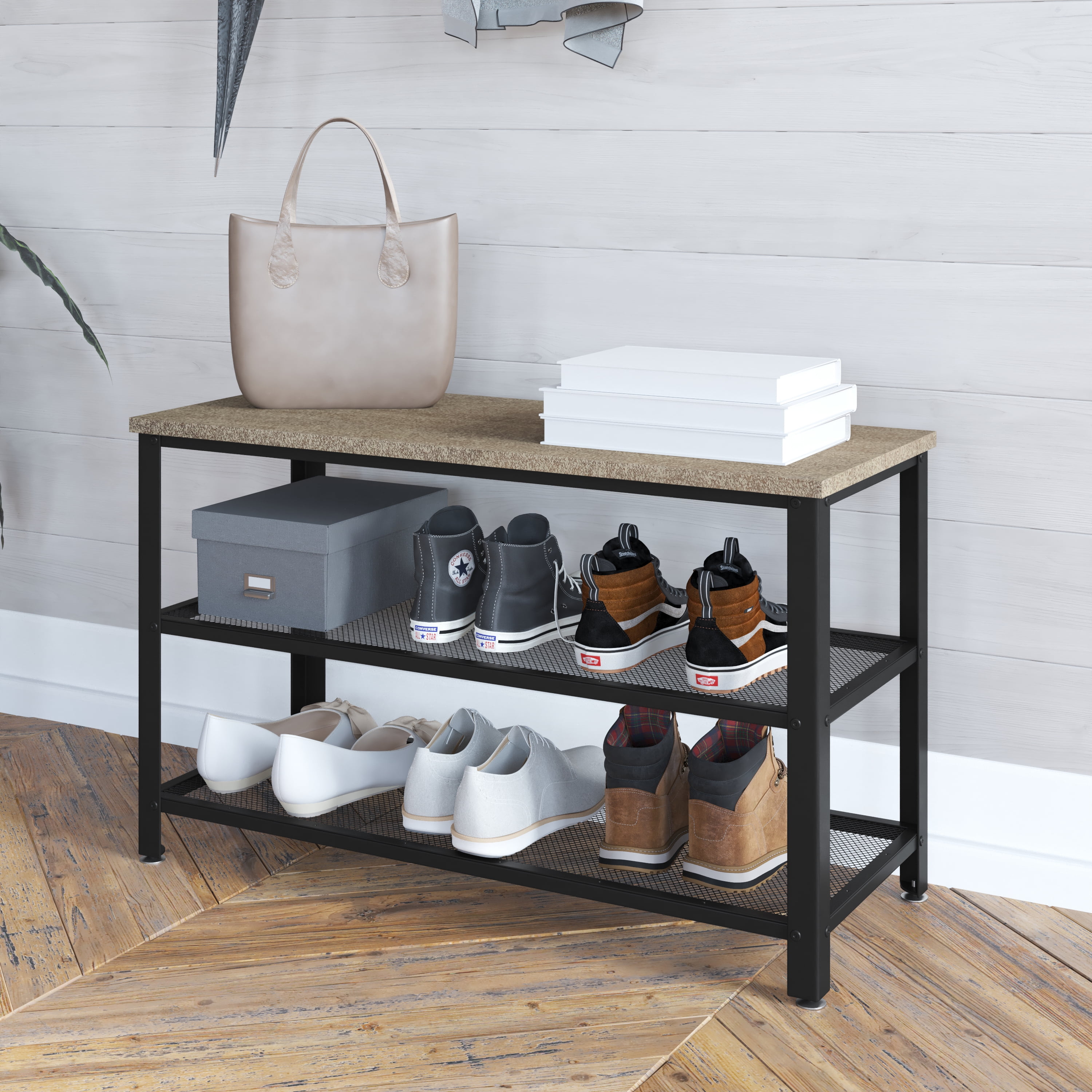 HBCY Creations 3-Tier Shoe Rack Bench with Metal Mesh Shelves, Black ...