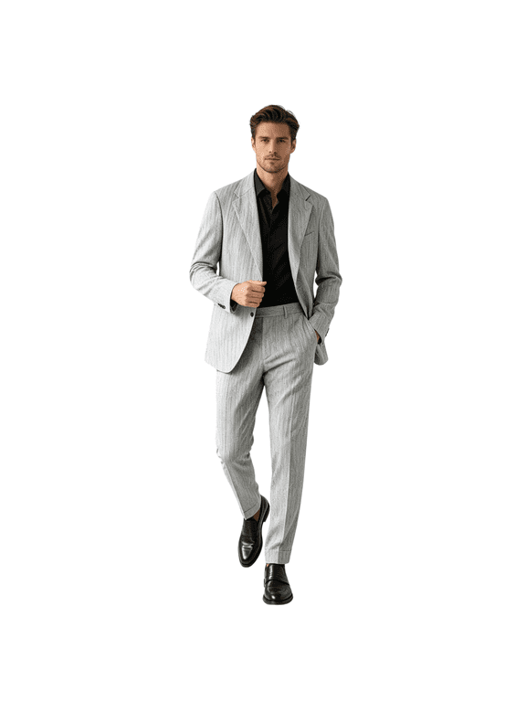 HBDesign Men's 2 Piece Herringbone Linen Suit Lightweight Breathable Slim Fit Casual Business Wedding Summer Blazer Pants Set