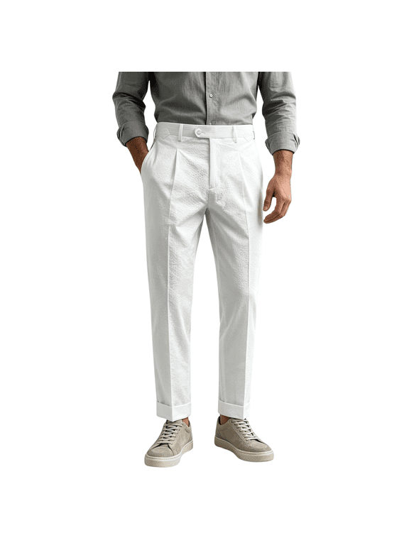 HBDesign Men's Pearl White Seersucker Pants, Lightweight Breathable Summer Dress Trousers, Slim Fit Flat Front with Cuffed Hem, Casual Business Pants for Wedding Office Beach Vacation