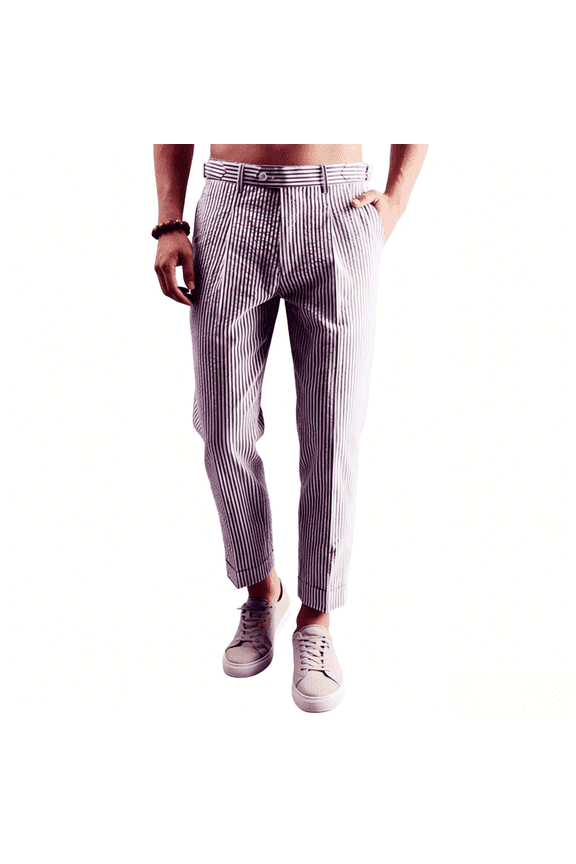 Men's Seersucker Striped Pants, Lightweight Breathable Summer Casual Pants for Daily Outdoor Wear