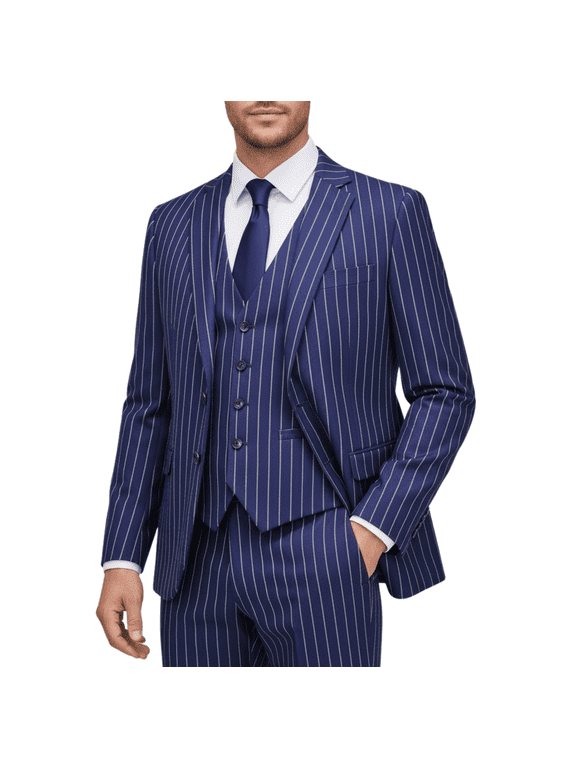 HBDesign Mens 3 Piece Suit Set Summer Lightweight Slim Fit Blazer Vest Pants Pinstripe for Business