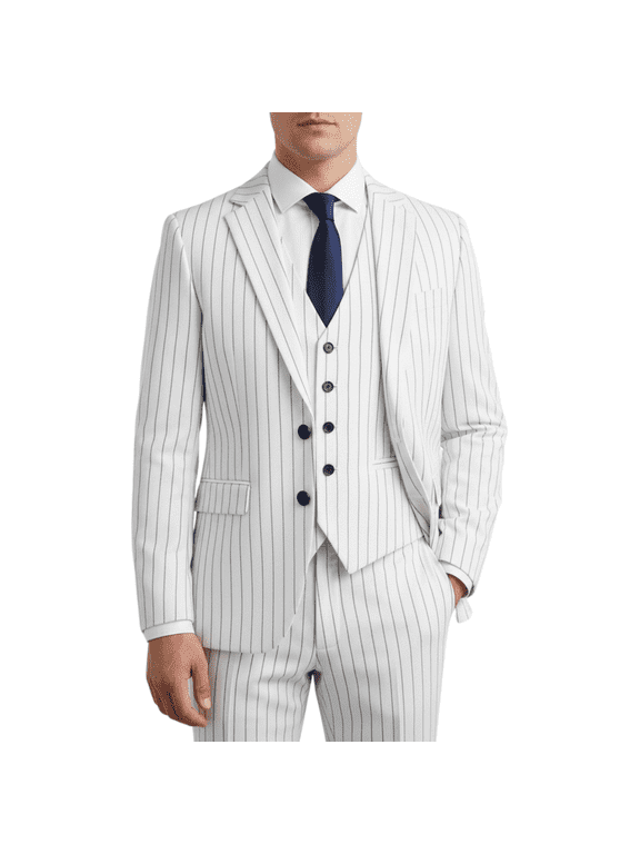 Mens 3 Piece Suit Set Summer Lightweight Slim Fit Blazer Vest Pants Pinstripe for Business