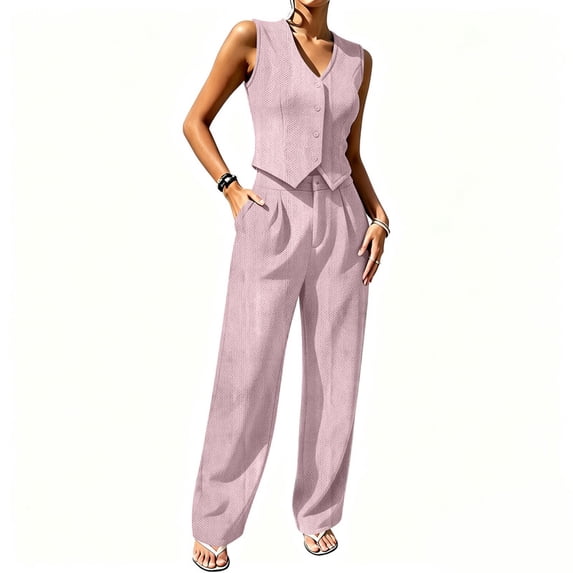 HBDesign Women Summer Seersucker 2 Piece Set V-Neck Vest Wide Leg Pants Slim Fit Outfit