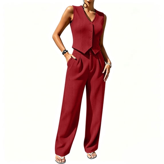 HBDesign Women Summer Seersucker 2 Piece Set V-Neck Vest Wide Leg Pants Slim Fit Outfit