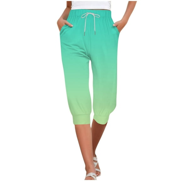 HBFAGFB Capris for Women Casual Gradient Print Drawstring Joggers with Pockets Daily Wear Light Green Size M