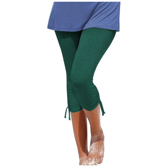 HBFAGFB Cropped Pants Womens Fashion Drawstring Hem Leggings Simple Yoga Pants Daily Wear Green Size S