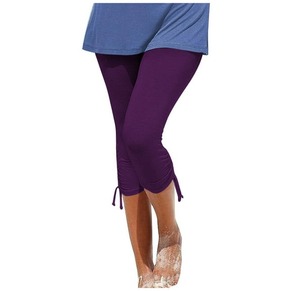 HBFAGFB Cropped Pants Womens Fashion Drawstring Hem Leggings Simple Yoga Pants Daily Wear Purple Size L