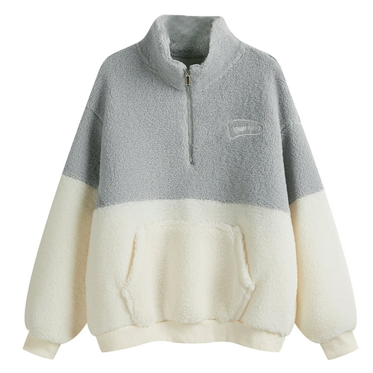 HBFAGFB Half Zip Pullover Women Color Block Fuzzy Sweatshirt Comfort Jacket with Pockets Grey Size M