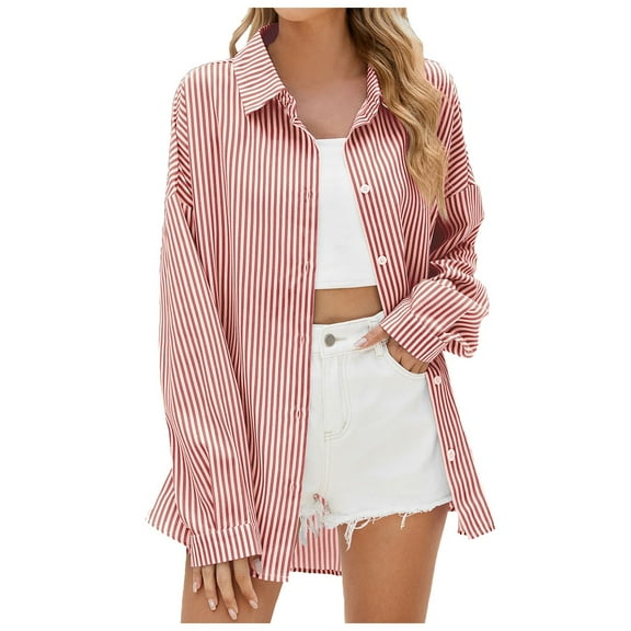 HBFAGFB Long Sleeve Button up Shirts for Women Casual Versatile Work Clothes Daily Wear Tops Pink Size M
