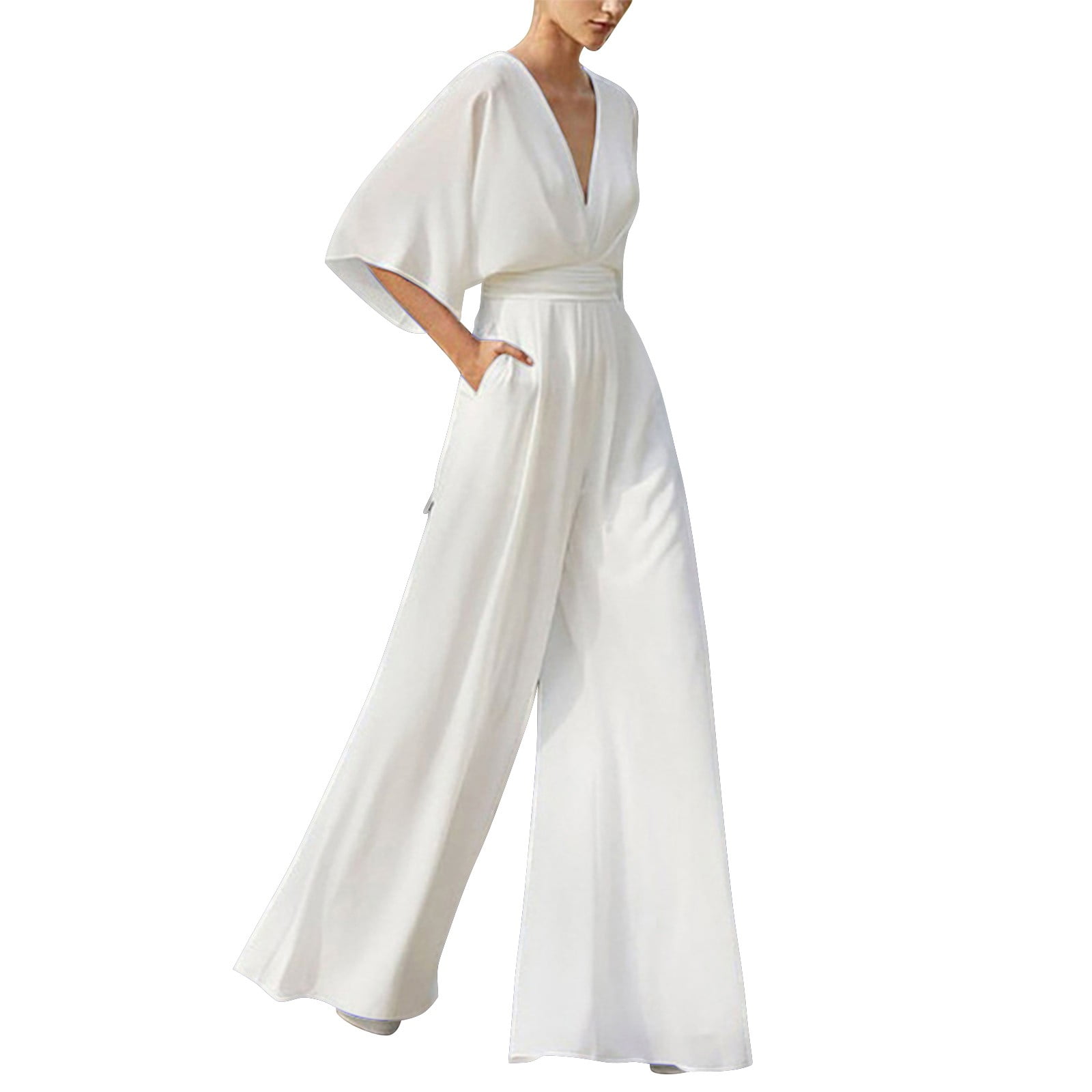 Deep v white jumpsuit sale