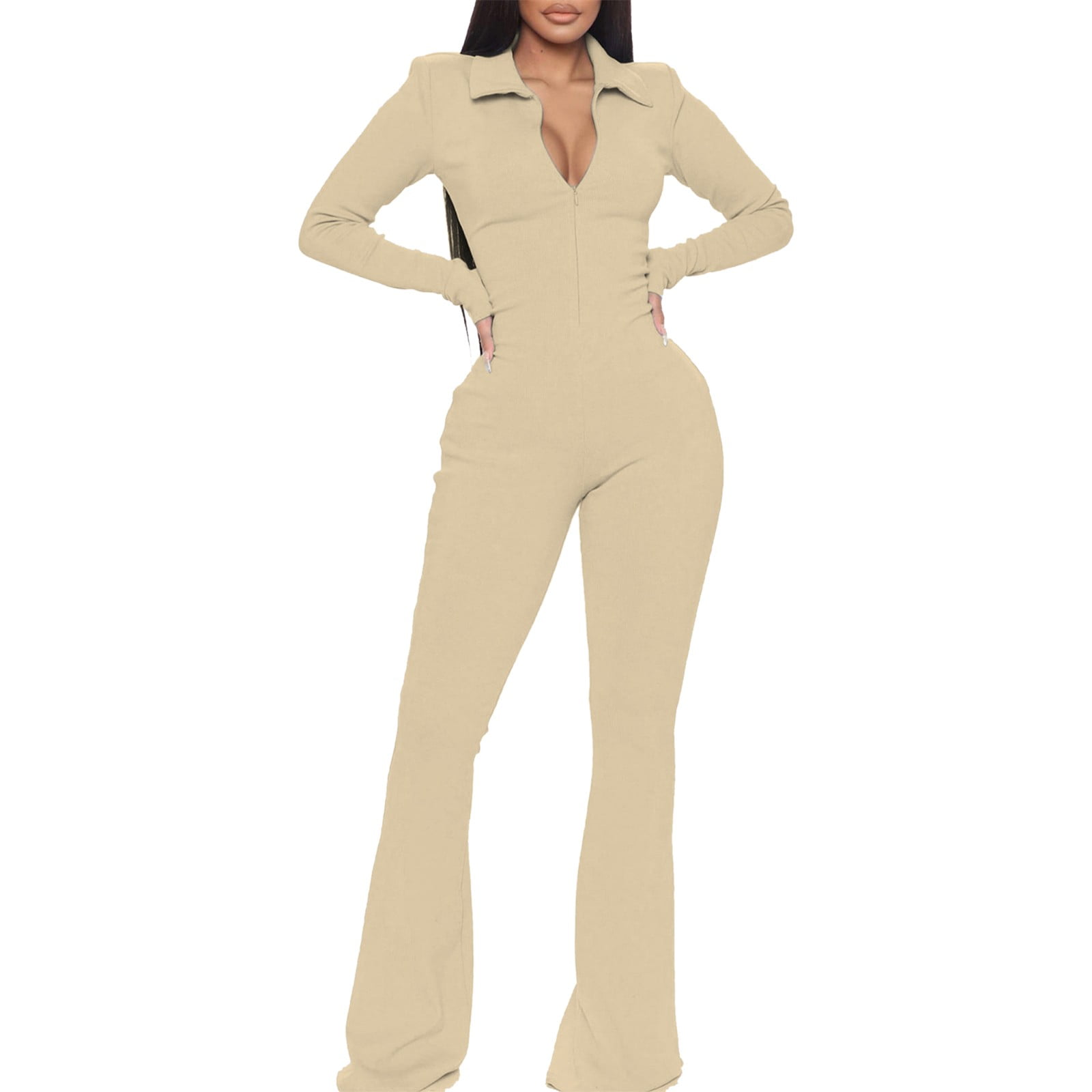 HBFAGFB Long Sleeve Jumpsuit for Women V Neck Office Rompers Flare
