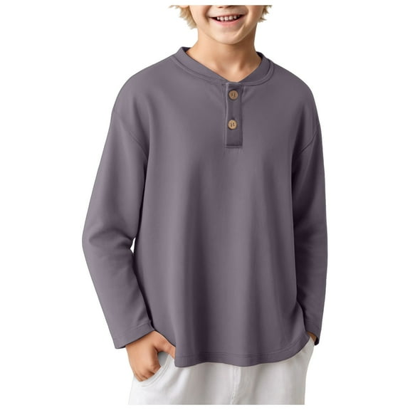 HBFAGFB Long Sleeve Shirts for Boys Button Down Crew Neck Pullover Tops Comfortable Blouse Grey Size 110