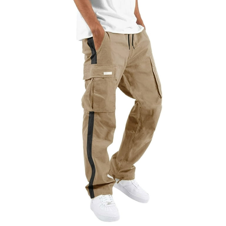 HBFAGFB Men's Cargo Pants Leisure Multi Pocket Foot Mouth Cap Rope Lace up Woven  Trousers Khaki Size M 
