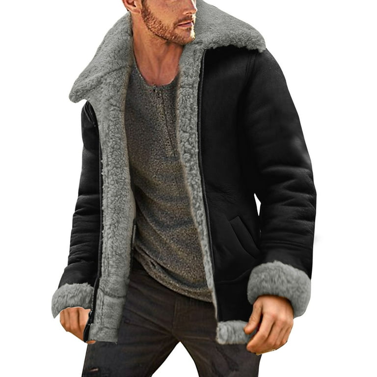 HBFAGFB Men s Winter Jacket Lapel Padded Vintage Versatile Thicken Sheepskin Leather Jacket Grey Size M