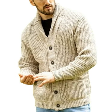 HBFAGFB Mens Cardigan Sweater Male Thick Jacquard Button Warm Knit Jacket with Pockets Khaki Size XL