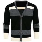 HBFAGFB Mens Cardigan Sweater V-Neck Striped Color Blocking Lightweight Comfortable Sweater Black Size L