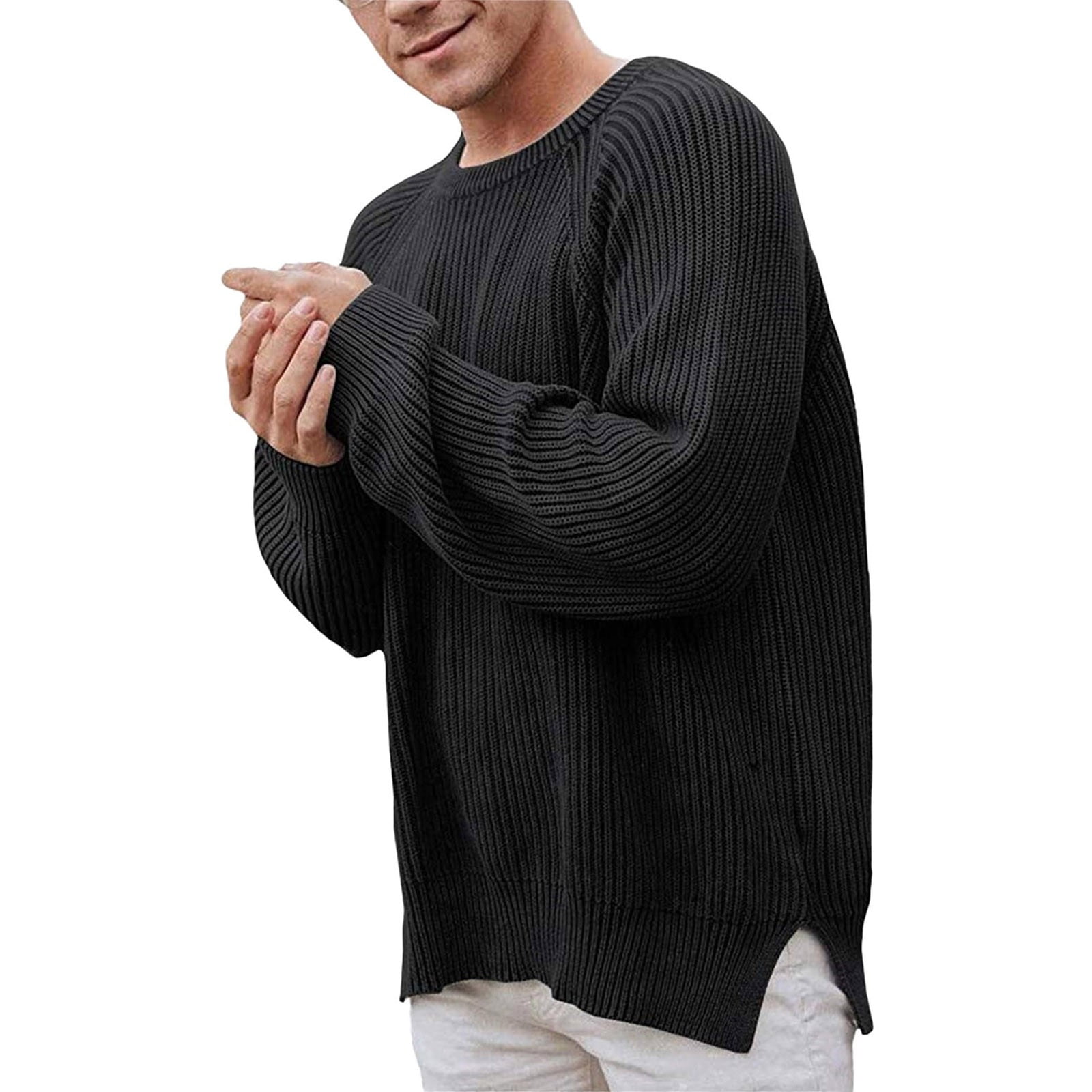 HBFAGFB Mens Crewneck Sweater Soft Casual Pullover Side Slit HBFAGFB Mens Crewneck Sweater Soft Casual Pullover Side Slit