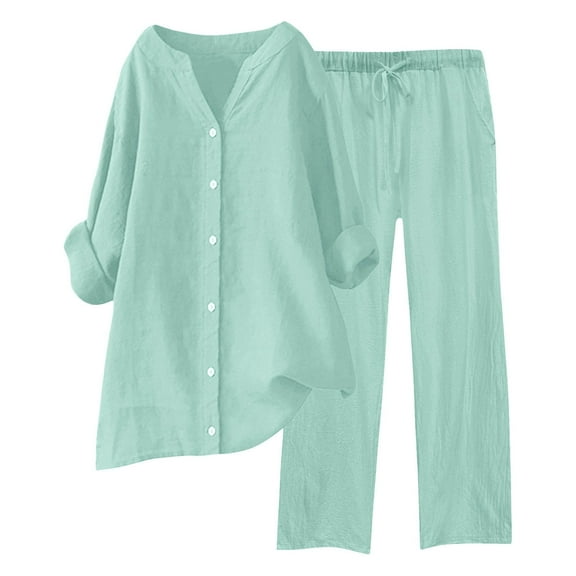 HBFAGFB Pants Sets Women 2 Piece Outfits Wide Leg Pants Casual V Neck Button Down Shirt Mint Green Size M