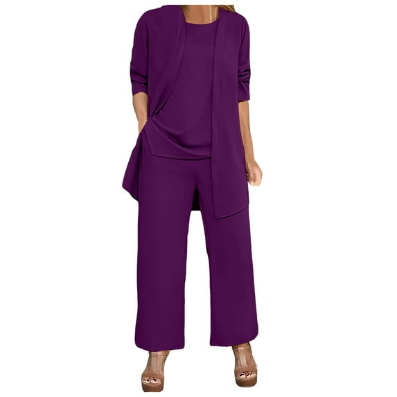 HBFAGFB Pantsuit for Women Fashion Casual Long Tops Wide Leg Pants with Pockets Daily Wear Purple Size M