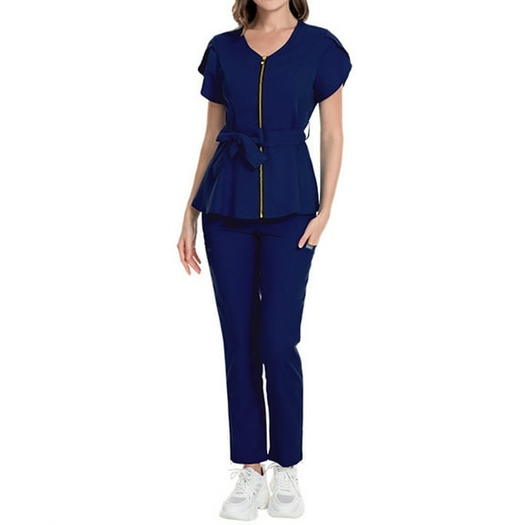 HBFAGFB Pantsuit for Women Fashion Tie Waist Short Sleeved Top Casual Pants Two Piece Set Navy Size XL