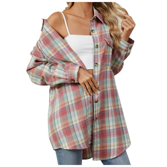 HBFAGFB Plaid Button Down Shirts for Women Casual Jacket Fall Clothes Versatile Daily Wear Pink Size XL