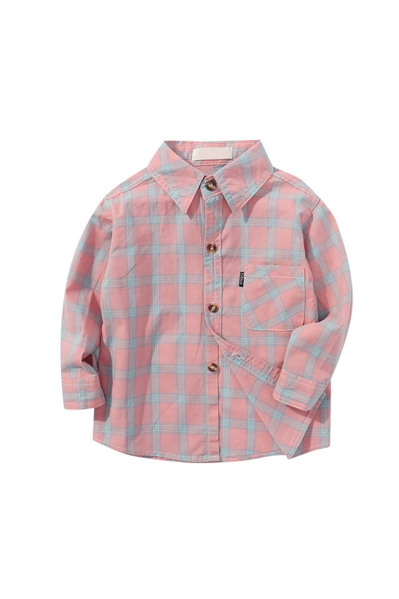 Plaid Shirt Boys' Lapel Button Down Jacket Casual Versatile Daily Wear with Pocket Light Pink Size 14