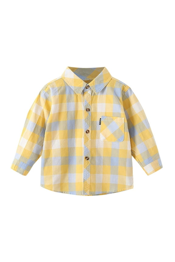 Plaid Shirt Boys' Lapel Button Down Jacket Casual Versatile Daily Wear with Pocket Light Yellow Size 20