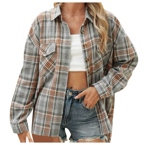 HBFAGFB Shirts for Women Trendy Plaid Button Down Shirts Women Blouse Versatile Jackets Light Gray Size XL