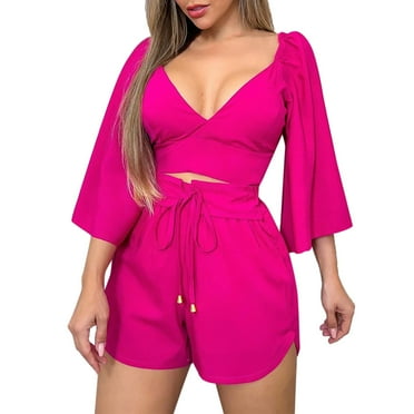 HBFAGFB Shorts Sets Women 2 Piece Outfits V Neck Shirt and High Waist Shorts Fashion Suit Hot Pink Size M