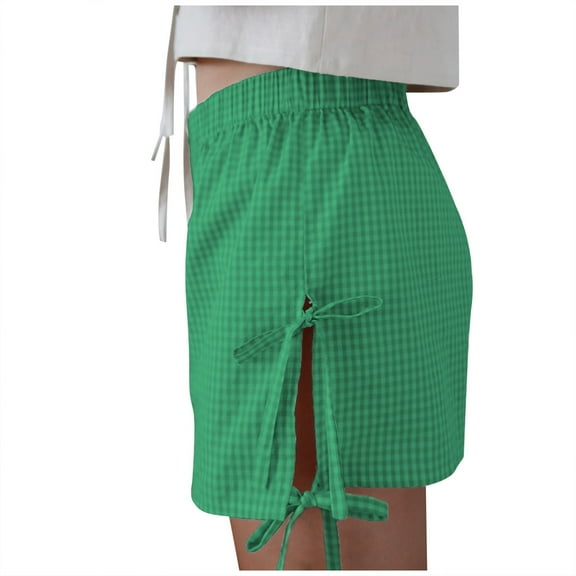 HBFAGFB Shorts for Women Trendy Retro Side Strap Loose Plaid Pants Versatile Going Out Wear Green Size L