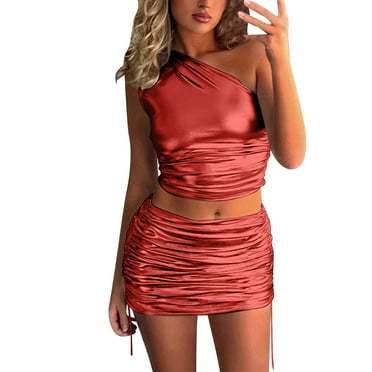 HBFAGFB Two Piece Sets for Women Going Out One Shoulder Vest Trendy Slim Pleated Skirt Red Size S