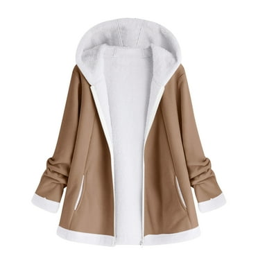 HBFAGFB Winter Jackets for Women Casual Fuzzy Full Zip up Hoodie Simple Cardigan Coats Khaki Size 3XL