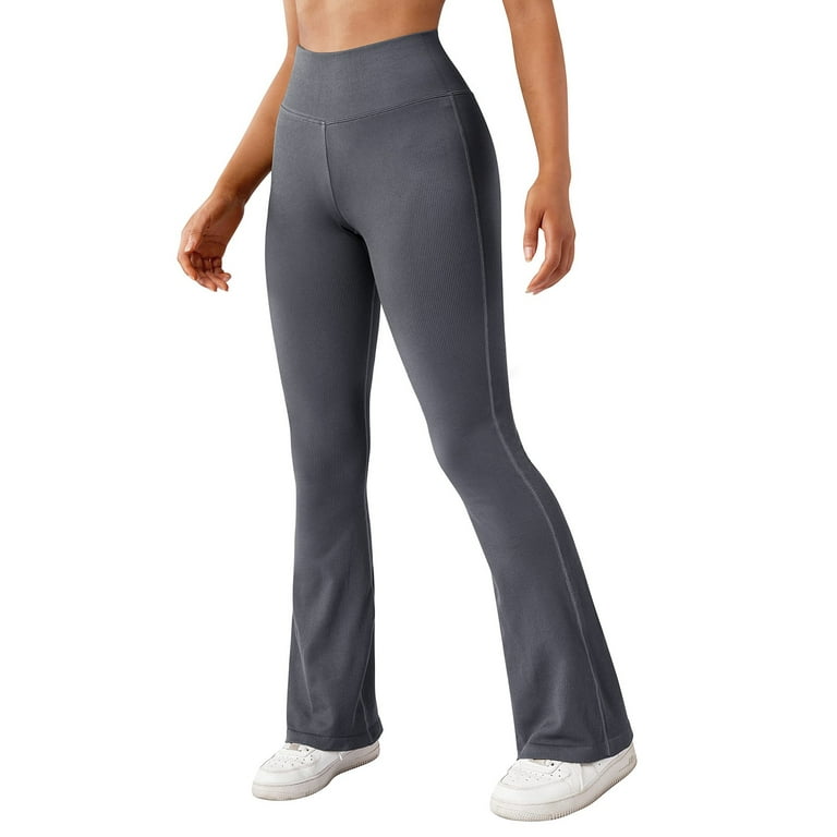 HBFAGFB Women Casual Pants Ribbed Seamless Flare Leggings Bootcut High  Waist Yoga Pants Dark Gray Size M