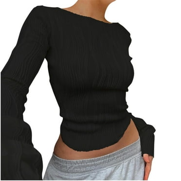 HBFAGFB Women Cropped Tops Crew Neck Slim Long Sleeves Versatile and Lightweight Blouse Black Size L