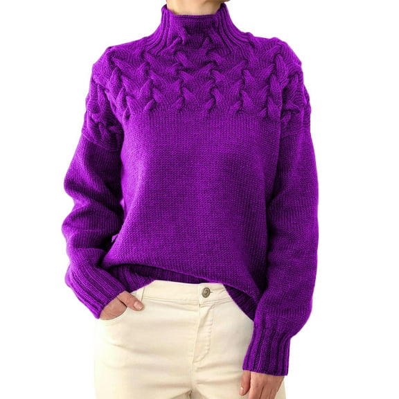 HBFAGFB Women's Pullover Sweaters Ladies Warm and Fashionable Turtleneck Long Sleeved Top Purple Size XXL
