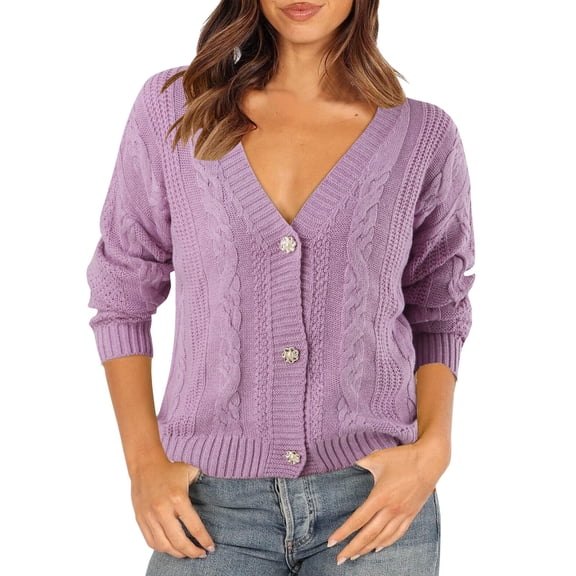HBFAGFB Womens Cardigan V Neck Button Down Sweaters Elegant Long Sleeve Top with Pockets Purple Size M