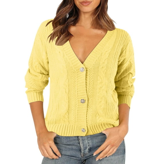 HBFAGFB Womens Cardigan V Neck Button Down Sweaters Elegant Long Sleeve Top with Pockets Yellow Size XL
