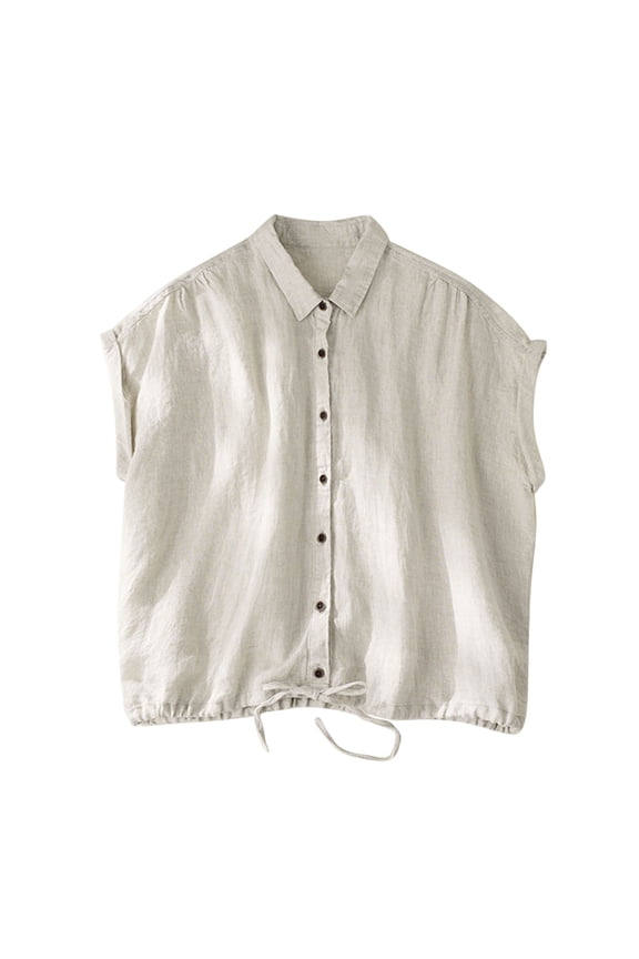 Womens Shirts Lapel Button Short Sleeved Adjustable Drawstring Hem Trendy Blouse Beige Size XL