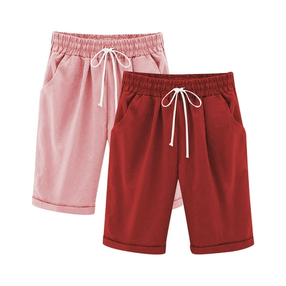 HBGVBA 2 Pack Girls Bermuda Shorts,Soild Color Shorts with Pockets,Boys Girls 3-13 Years 2 Piece Solid Color Faux Linen Pocket Knee Length Shorts