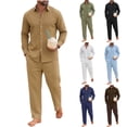 thumbnail image 1 of HBGVBA 2 Piece Outfit Set for Men,Linen Long Sleeve Shirt Long Pants Matching Set,Solid Color Collared Button Down Shirt Casual Loose Pocket Pants Daily Leisure Tracksuit Outfit, 1 of 5