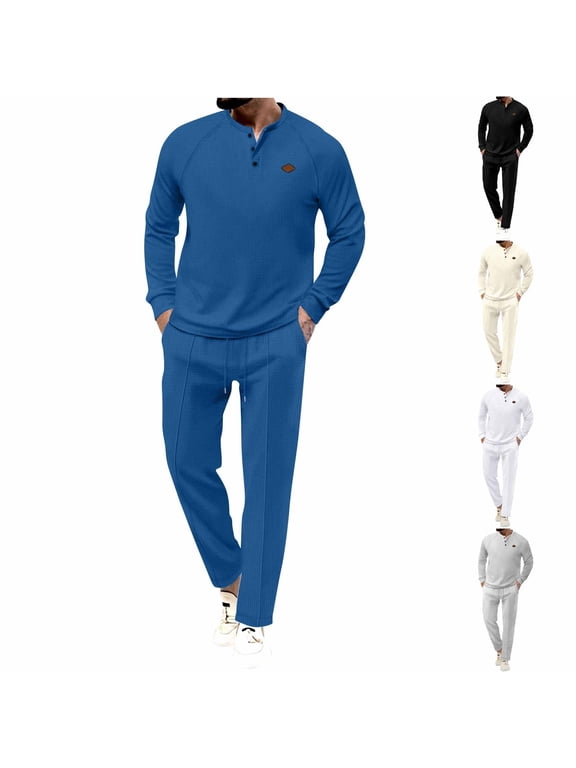 2 Piece Outfit Set for Men,Waffle Track Suits,Crew Neck Pullover Long Sleeve Top Casual Tracksuit Drawstring Elastic Waist Pants Daily Outfit
