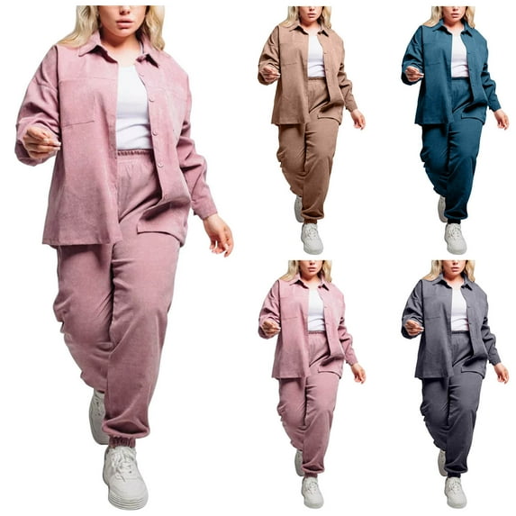 Bovxnpu 2 Piece Sets for Women Lounge Sets for Women Fall Winter Plus Size Button Down Shirt and Relaxed Corduroy Pants Set Matching Tracksuit Set