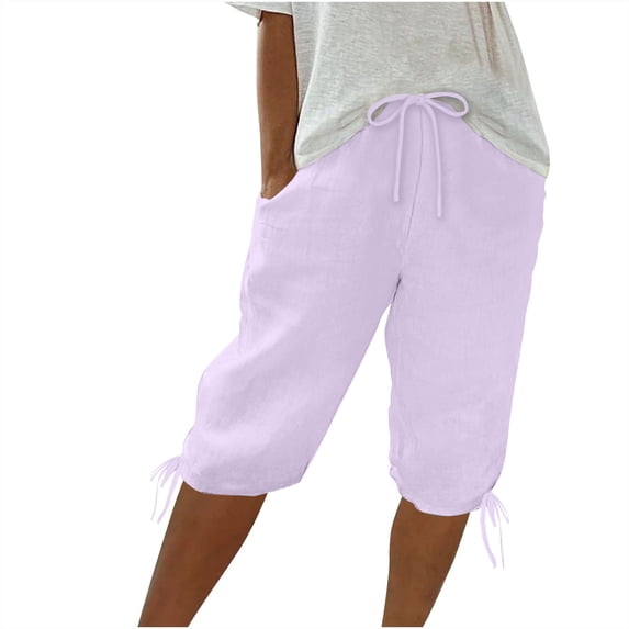 HBGVBA Bermuda Shorts for Women,Plus Size Casual Leggings,Solid Color Linen Drawstring Elastic Cuffed Casual Knee Length Shorts