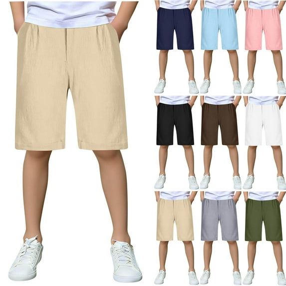 HBGVBA Boy's Summer Shorts,Casual Bottoms for Boy,Kids 5 To 15 Years Solid Color Elastic Waist Shorts Linen Like Straight Leg Daily Wear Bottoms
