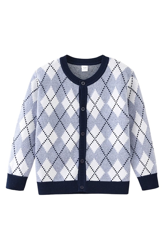 Boys Girls Knit Cardigan,Color Blocked Argyle Crew Neck Open Front Sweater Outerwear,Warm Layering Jacket For 1-10 Years Kids Fall Winter Daily Wear
