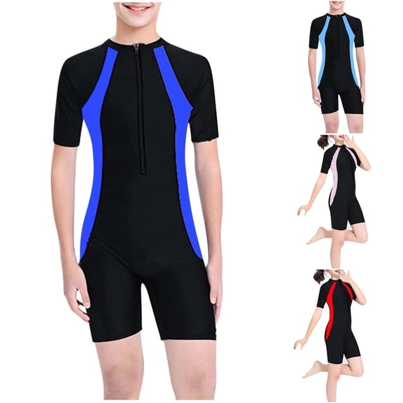 HBGVBA Boys and Girls 1 Piece Swimsuit,Short Sleeve Zip Up Surf Wear,Kids Solid Color Swimsuit Zipper Closure Fast Dry Short Sleeve Training Swimwear