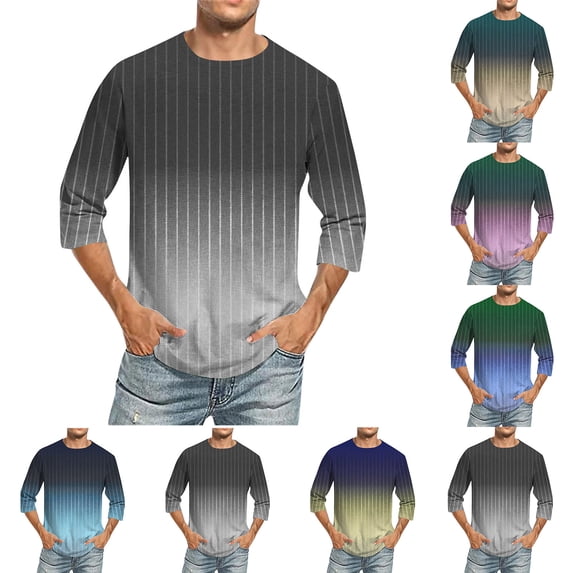 HBGVBA Casual 3/4 Sleeve T-Shirt for Men,Gradient Color Crew Neck Tshirts Breathable Athleisure Top for Gym Workout and Daily Sports